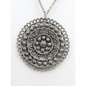 Vintage Necklace Lotus Mandala Pendant Silver Tone Boho Round Disc Art Nouveau